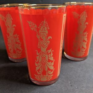 3 Vtg Culver Red Gold Siam Thai Goddess 5" Tumbler High Ball Drinking Glasses